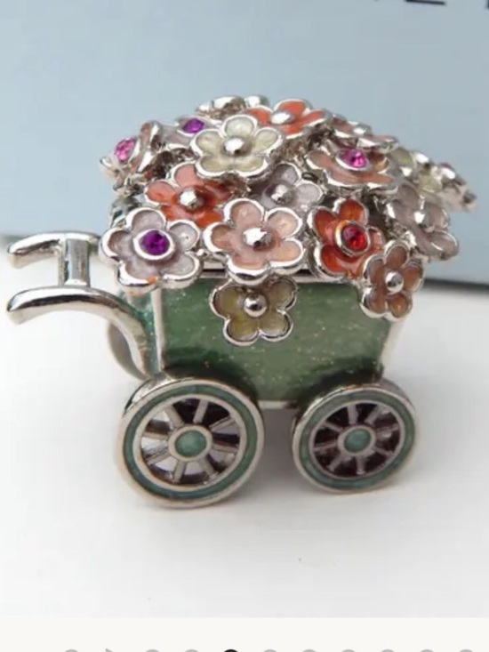 Monet Other - Monet | Trinket Box | Monet Silver Floral Cart Brooch with Green & Pink Enamel
